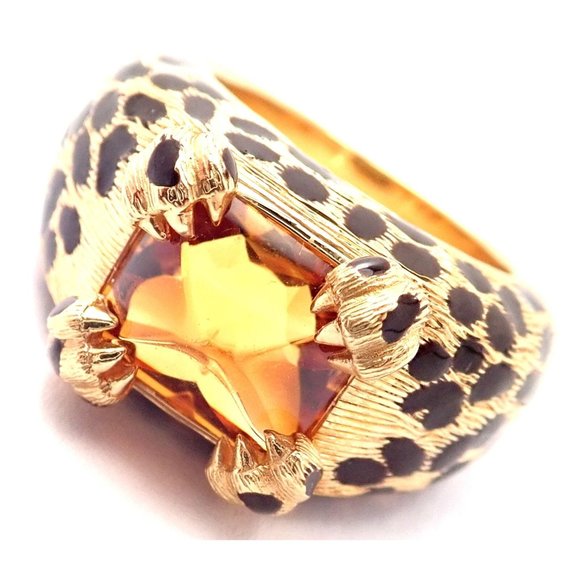 Rare! Authentic Christian Dior Leopard 18k Yellow Gold Citrine Enamel Ring Cert - Picture 1 of 9